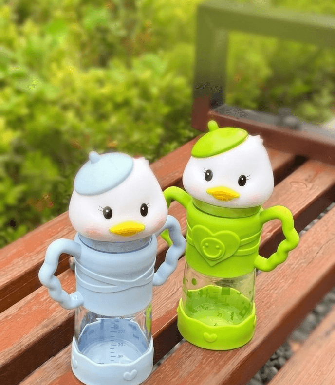 Little Sips FISH Duck Head Glass Feeding Bottle ā with Side Handles & Measurement Marks | Blue & Green